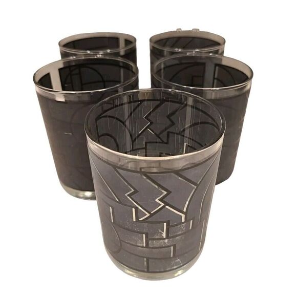 Georges Briard Double Old Fashion Glasses Art Deco Gray Geometric Design MCM (5) - Picture 1 of 16